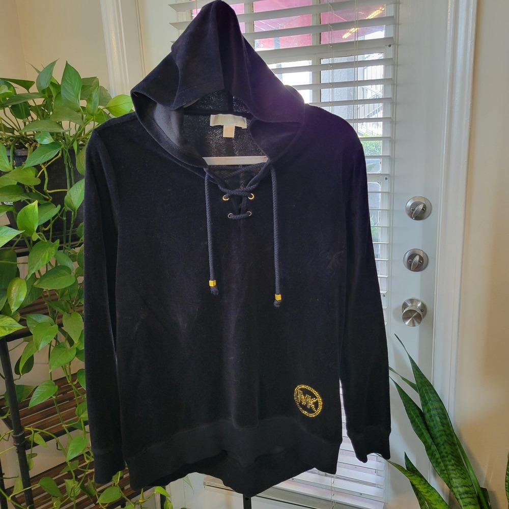 Michael Kors Womens Black Velour Lace Up Hoodie Studded MK Logo Sweatshirt M
